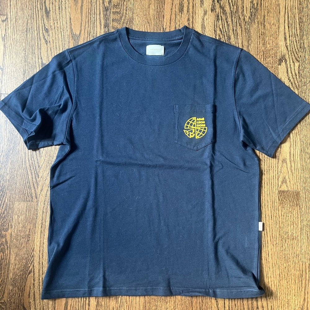 Aime Leon Dore Navy Short Sleeve Pocket Tee with Yellow Logo